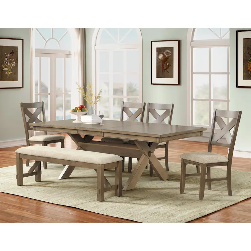 Roundhill Furniture Raven Wood 6-Piece Dining Set, Dining Table with 4 Chairs and Bench, Glazed Pine Brown