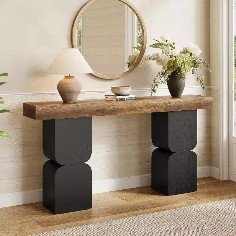 63-Inch Console Table, Heavy-Duty Behind Couch Sofa Table with Color Blocking Design for Living Room, Hallway, Foyer, Brown + Black