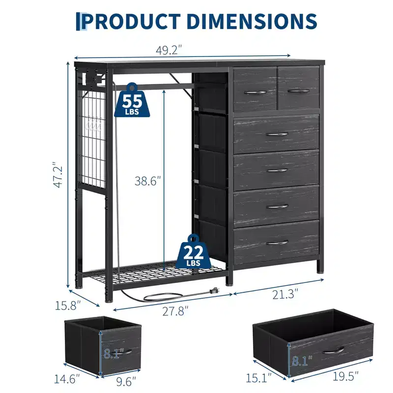 49.2 W Dresser with Hanging Rack & 6 Fabric Drawers for Bedroom, Fabric Dressers & Chest of Drawers with Grid Panel & 4 Hooks, Wooden Top