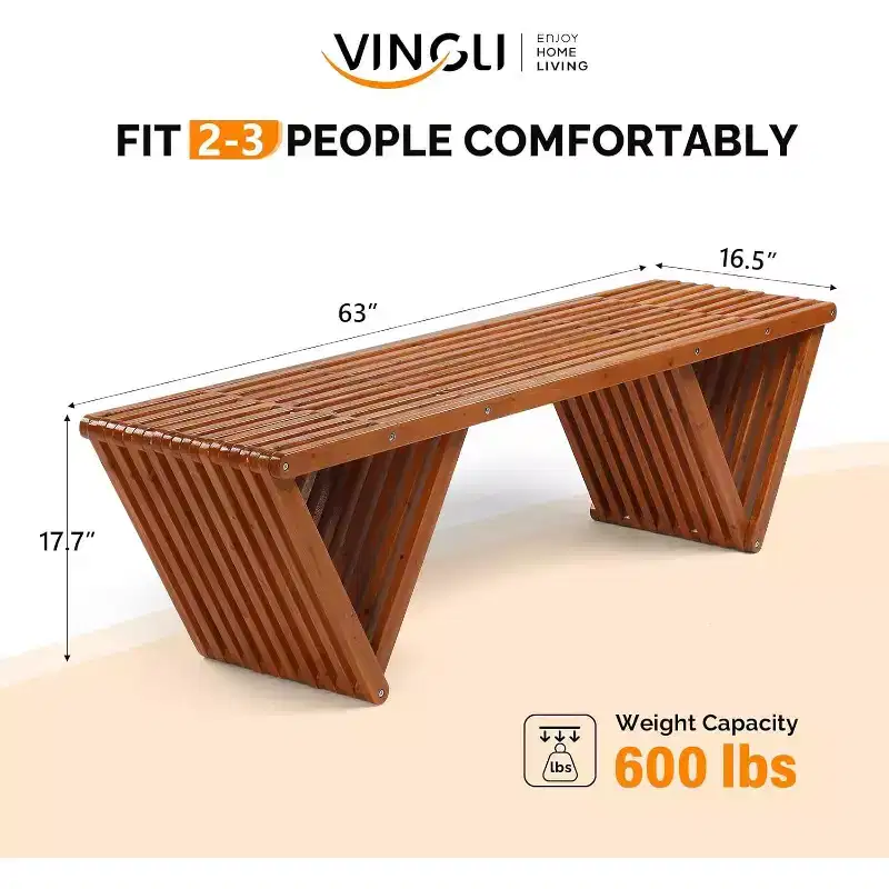 VINGLI Outdoor Wooden Bench, 63 All Weather Patio Bench Porch Bench, 600lb Capacity Outdoor Backless Benches for Yard Park Garden