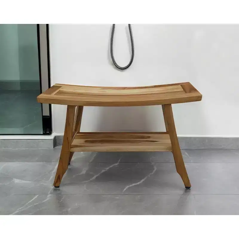 28 Natural Solid Teak Rectangular Shower Bench With Shelf