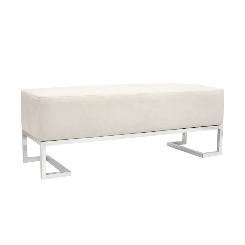 Ivory / Blue Upholstered Bench, Stainless Steel Legs, 3-Seat