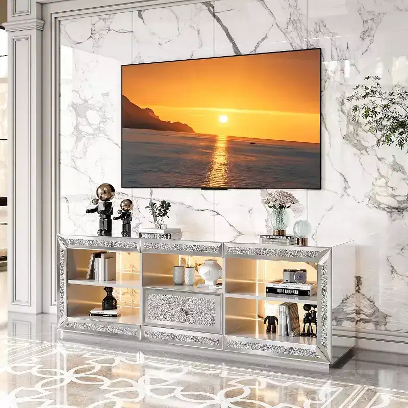Mirrored TV Stand with Sparkling Diamonds & LED Lights for TVs Up to 65 Inch, Assembled Modern Entertainment Center