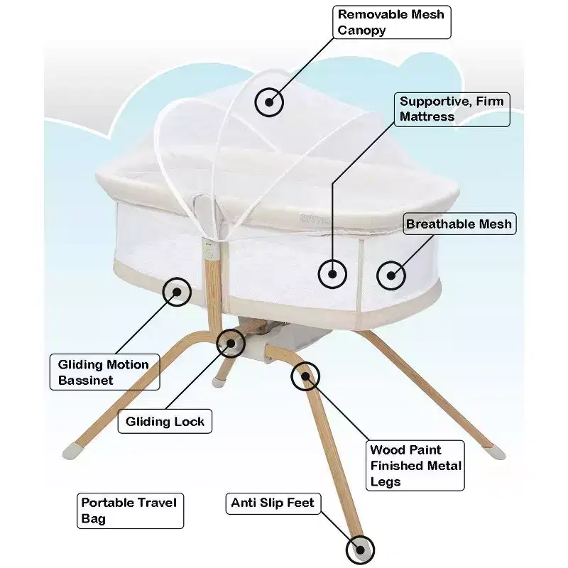 Gliding Bassinet for Newborns - Portable with Canopy & Travel Bag