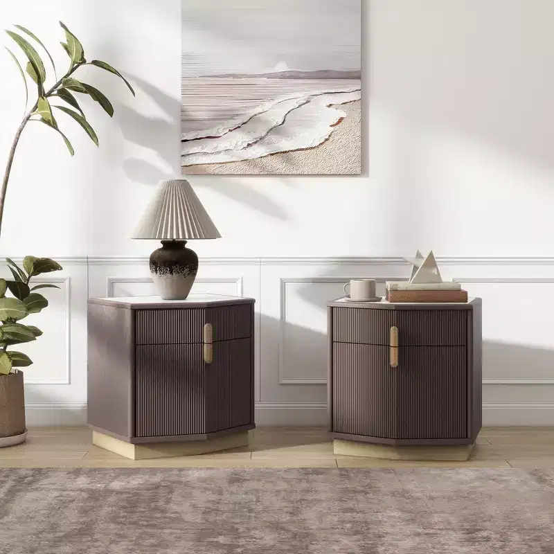 Whisen Nightstand, Bedside Table, End Table with Bulging Design, Vertical Stripes, 2 Drawers, Silent Rails, Anti-Tip Device, Sturdy Base