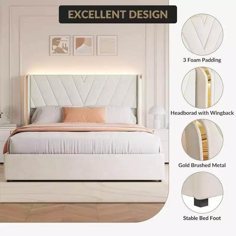 Upholstered Bed Frame,Queen Size Bedframe with 4 Storage Drawers,Velvet Platform with Wingback Headboard,No Box Spring Needed,Noise Free,Easy Assembly