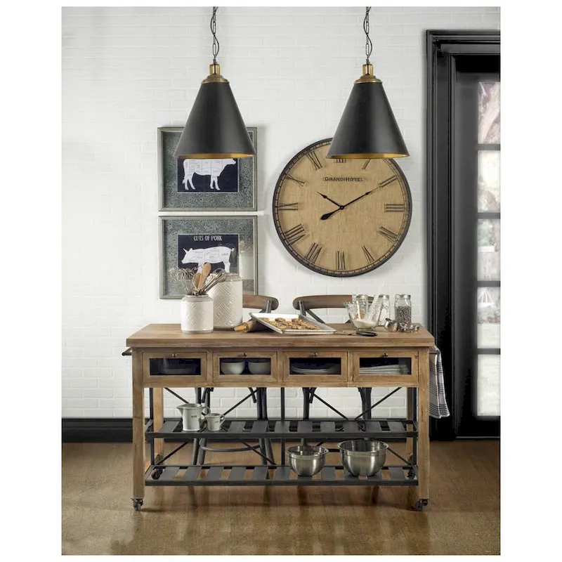 Stuart I Brown Solid Wood Top Two-Tier Black Metal Rolling Kitchen Island - 28.0L x 60.0W x 34.0H