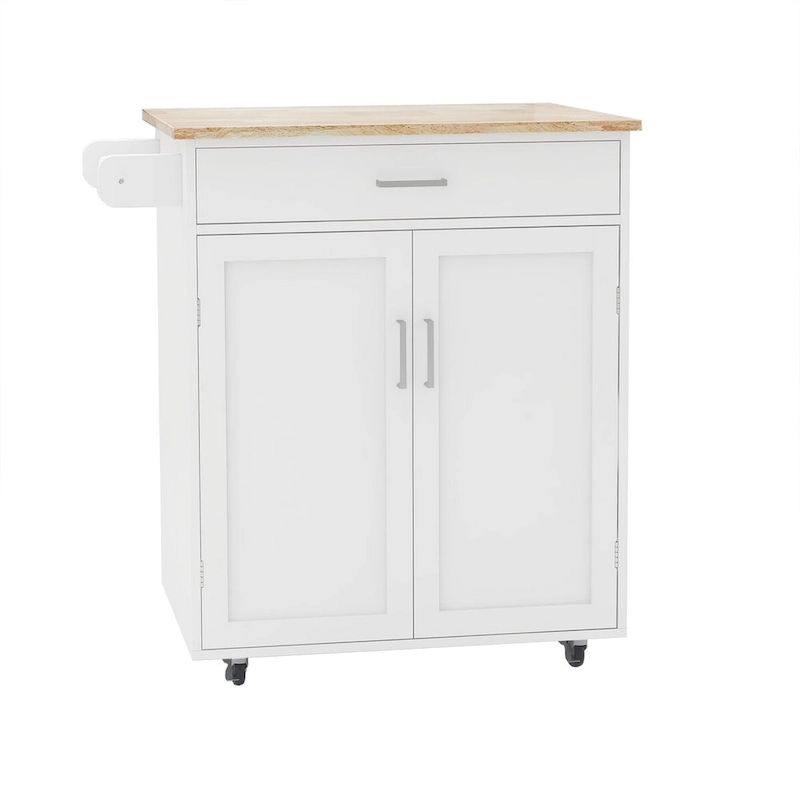Rolling Kitchen Island with Rubber Wood Top, 33-inch White Storage Trolley Cart with 1 Drawer, Adjustable Shelves & Towel Rack