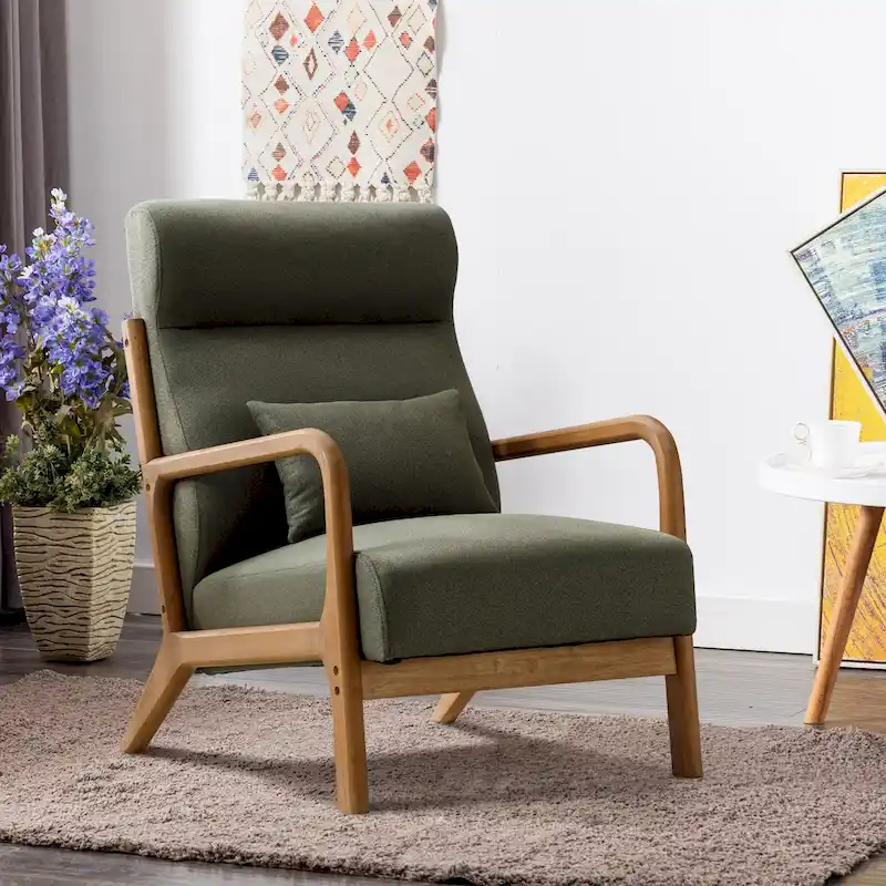 Upholstered Linen Blend Accent Chair with Wooden Legs and One Pillow
