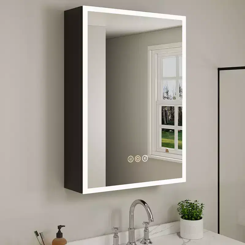 HBEZON Medicine Cabinet with Mirrors and Lights, Recess/Wall Mount Bathroom Cabinet, 3 Mode Light, Dimmable, Defogger, Black
