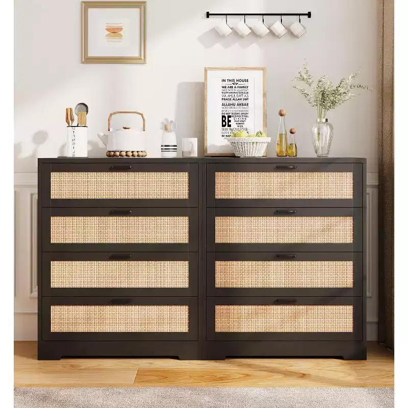 5 Drawer Rattan Dresser for Bedroom, 47.27 Tall Dresser with Power Outlets, Wood Dresser Chest of Drawers with Metal Handles for Living Room Closet