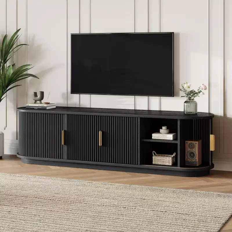 GDFStudio Roy Farmhouse Wooden TV Stand with Sliding Tambour Door and Adjustable Storage