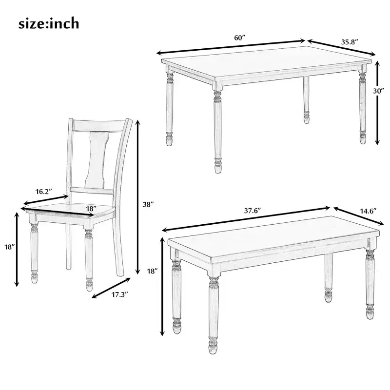 6 Pieces Dining Set Wooden Rectangle Table and 4 Chairs with Bench for Dining Room, Brown+Cottage White
