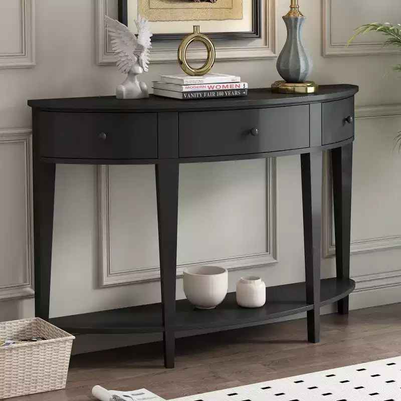 Vintage Console Table with Storage, Wood Entryway Table with Drawer, Half Moon Hallway Table with Open Shelf