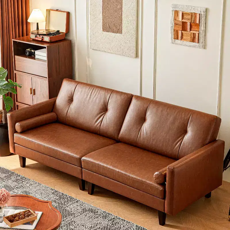 ATJafurn 86 Brown Tufted Leather Sofa with Deep Seat, Mid-Century Modern Upholstered Sectional Couch Retro Luxurious Loveseat for Living Room Bedroom