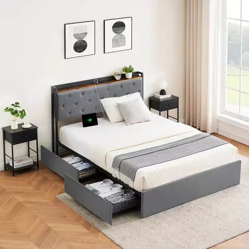 Velvet Upholstered Platform Bed Frame with 4 Drawers and Storage Headboard, with Charging Station, No Box Spring Needed, Noise Free
