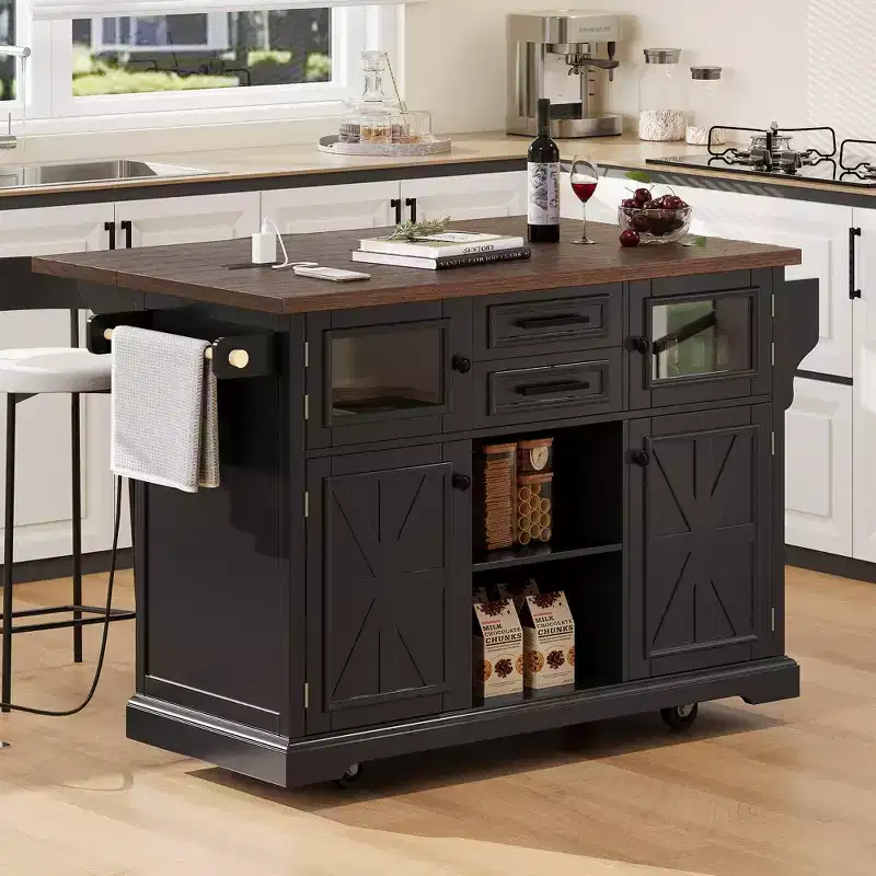 54.9 Kitchen Island with Drop Leaf, Power Outlet, Storage Cart with Glass & Barn Doors, 4 Shelves & Wheels (No Stools)