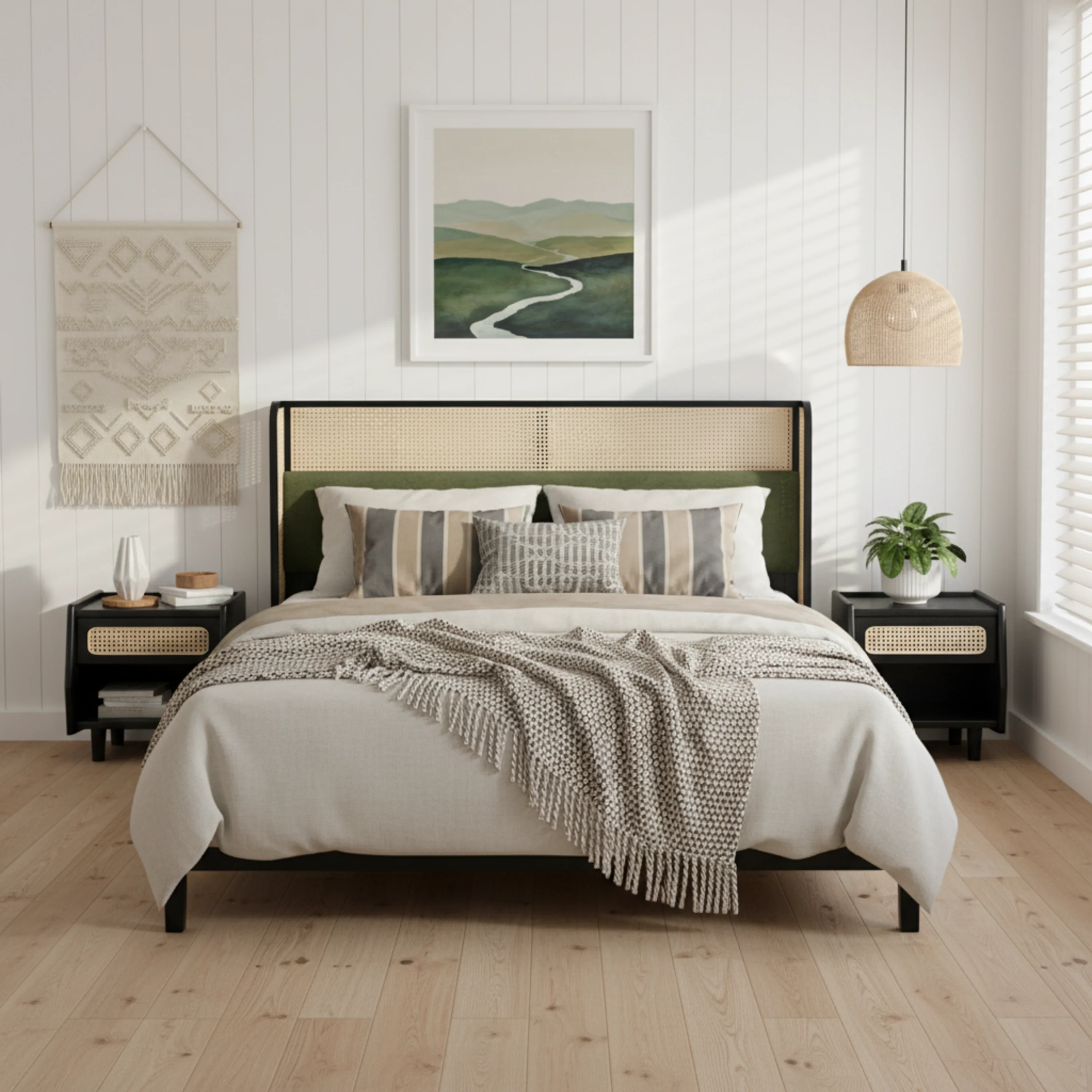 Bed Frame with Solid Wood Headboard, Black with Green
