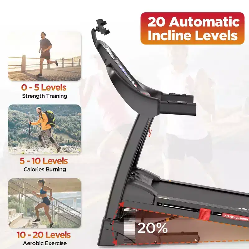 5HP Foldable Treadmill w/ 20 Auto Incline,400LB Treadmill for Home Jogging Walking,App Control,71 Program,12MPH for Varied Intensity, Shock Absorption
