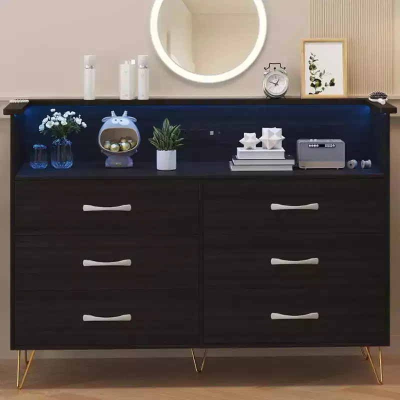 Zstar 6 Drawers Dresser with LED Light & Charging Station for Bedroom, Entryway, Hallway