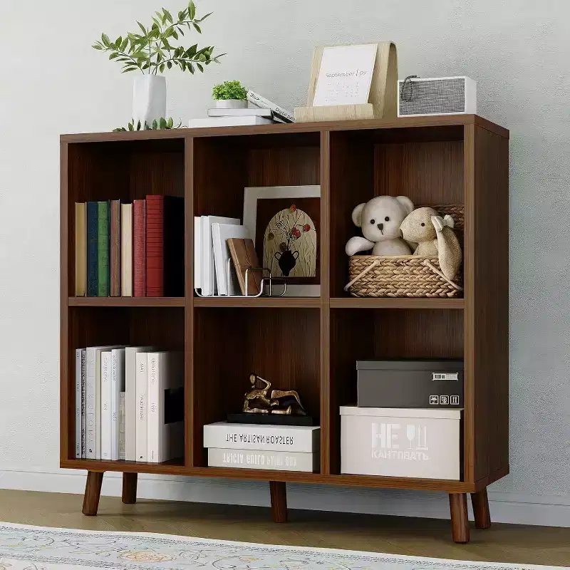 6-Shelf Bookcase with Solid Wood Legs, Redwood Finish Particle Board Storage Shelf for Living Room Office