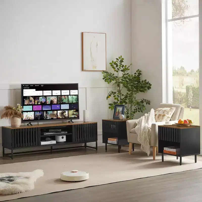 63-inch Mid-Temperature Modern TV Stand | Slatted Grille Doors with Storage Ideal for Living Room, Bedroom, and Entertainment Center