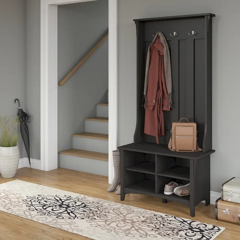Hall Tree with Storage Bench in Vintage Black - 31.73L x 15.75W x 68.12H - 31.73L x 15.75W x 68.12H