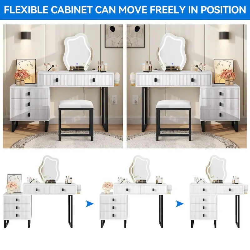 White / Black, Single-Person Makeup Vanity Table with LED Mirror, Stool & 5 Drawers