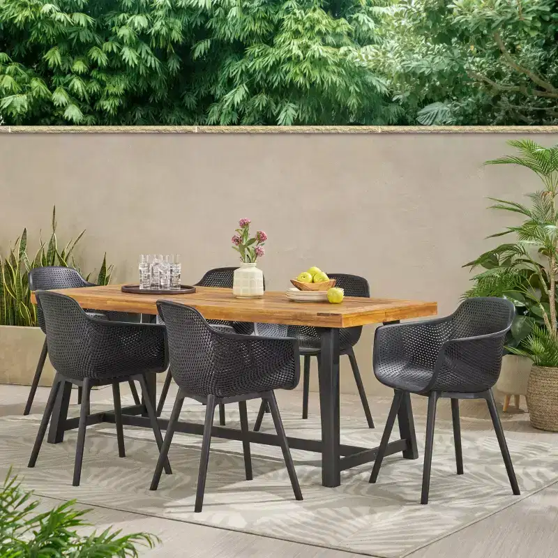 Christopher Knight Home Catalopa Outdoor Acacia Wood and Resin 7 Piece Dining Set, Black/Teak