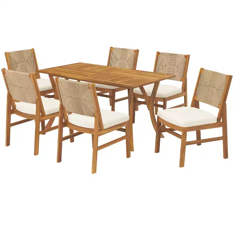 Christopher Knight Home Maurice 7 Piece Patio Rustic Acacia Wood Dining Set with Wicker Woven Chair