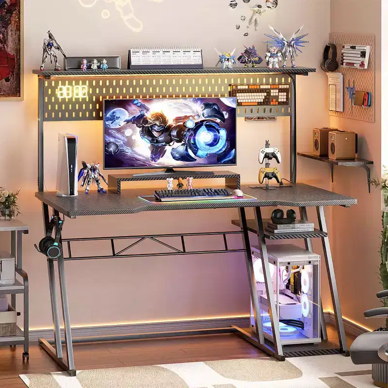 MDF & Metal Gaming Desk with Hutch, Pegboard & RGB Lighting 55''W x 54.33''H