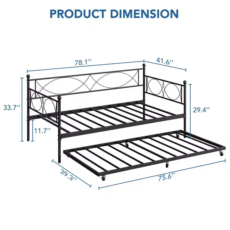 Trundle Daybed Set  Twin Daybed with Trundle, Metal Sofa Bed Frame with Steel Slat Support  Multifunctional Daybed for Bedroom, Guest Room