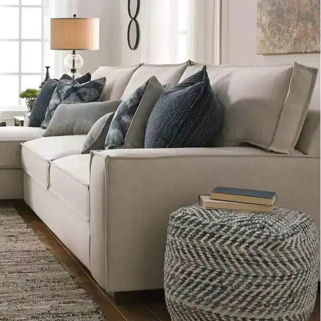 Chevron Pouf Blue, Modern Square Upholstered Ottoman, No Assembly Required