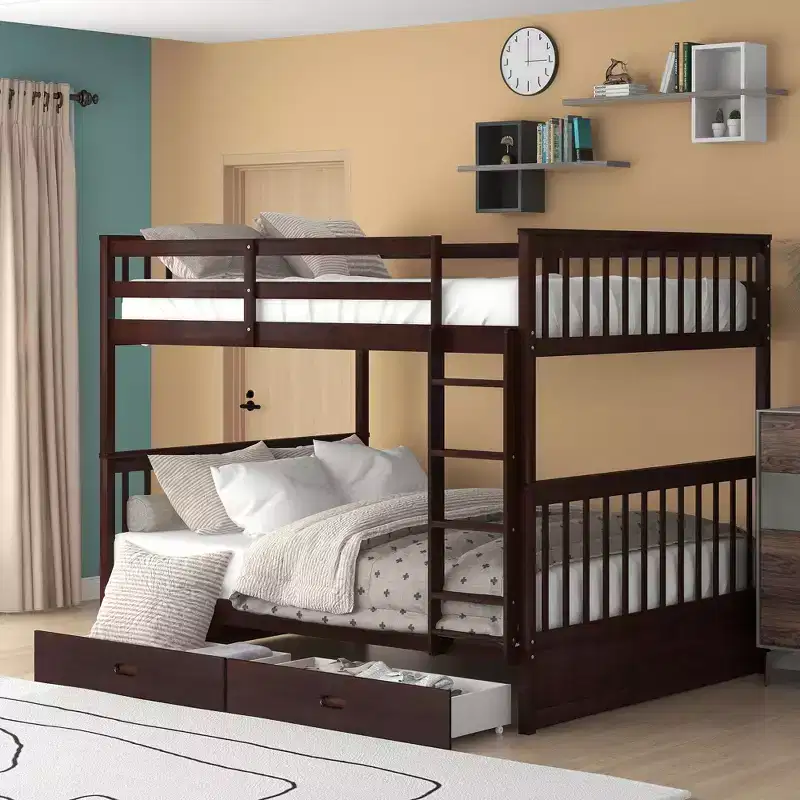 Okak Full-Over-Full Bunk Bed with Ladder 2 Drawers and Safety Guardrail Solid Wood Loft Bunkbeds for Kids, Girls, Boys Easy Assemble