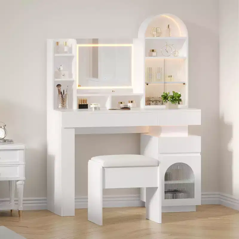 GustoWave Makeup Vanity Desk with Mirror, Dressing Table with 3 Drawers and 11 Storage Shelves, Large Makeup Vanity Set, Vanity Dresser