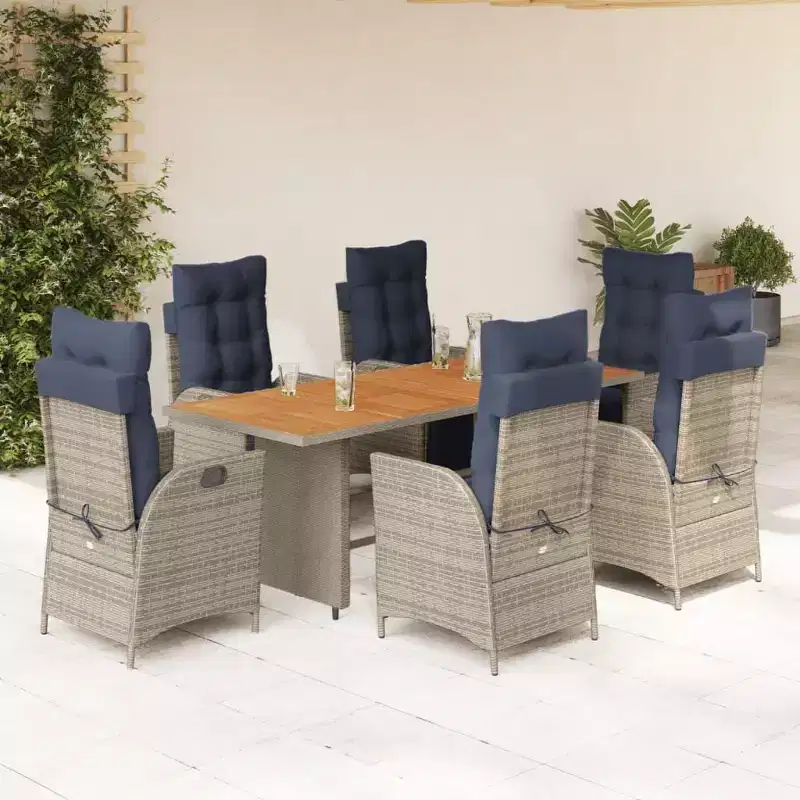 vidaXL 7 Piece Patio Dining Set with Cushions Gray Poly Rattan