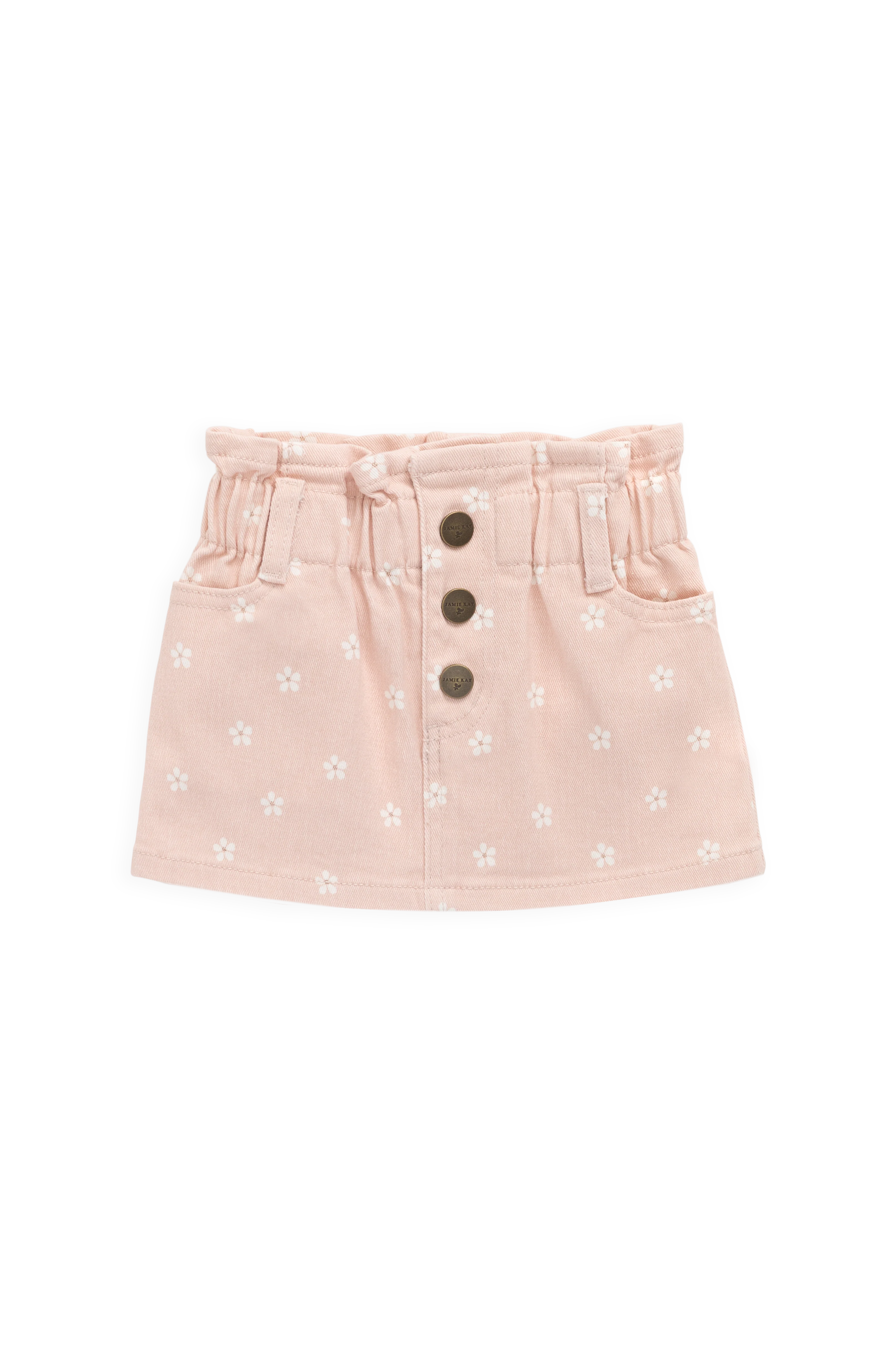 Soft Pink Floral-Print Cotton-Elastane Paperbag Waist Skirt with Button Detail for Girls 1Y–10Y