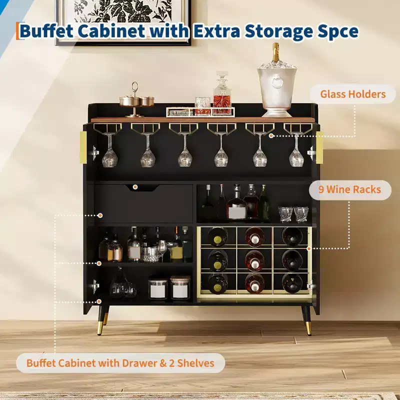 Wine Cabinet, Wine Bar Cabinet with Fluted Doors, Modern Small Buffet Sideboard with Wine Rack & Glass Holders