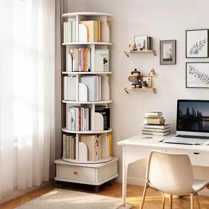 6 Tier 360 Rotating Bookshelf, 18.1118.1168.11 Warm White Round Spinning Tower, Sturdy MDF Structure, Multi-Scene Use in Bedroom, Living Room