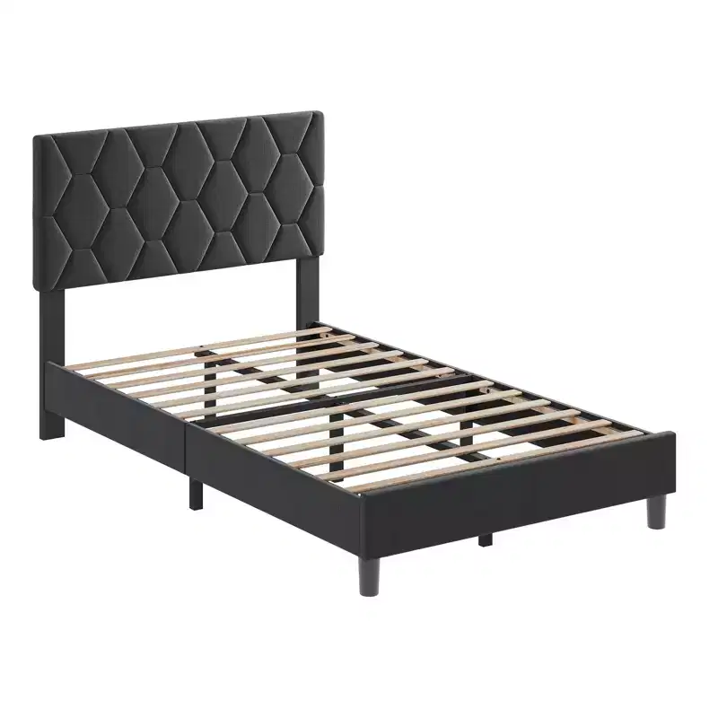 COZONY Velvet Upholstered Twin Bed Frame, Adjustable Headboard Wood Slat Support Metal Frame