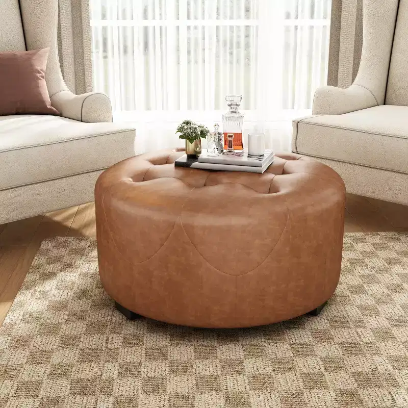 Round Button Tufted Ottoman, PU/Linen Upholstered Footstool with Birch Wood Legs