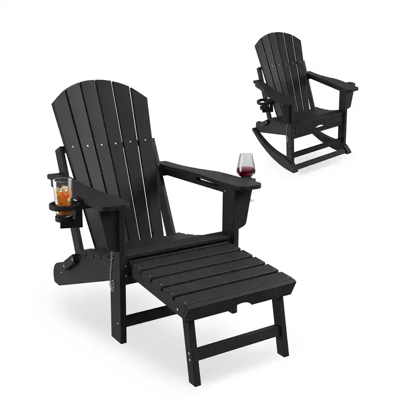 Rocking Adirondack Chairs, Folding Adirondack Rocking Chair With Footrest, Adirondack RockingChair Outdoor With Retractable Ottoman and Cup Holder
