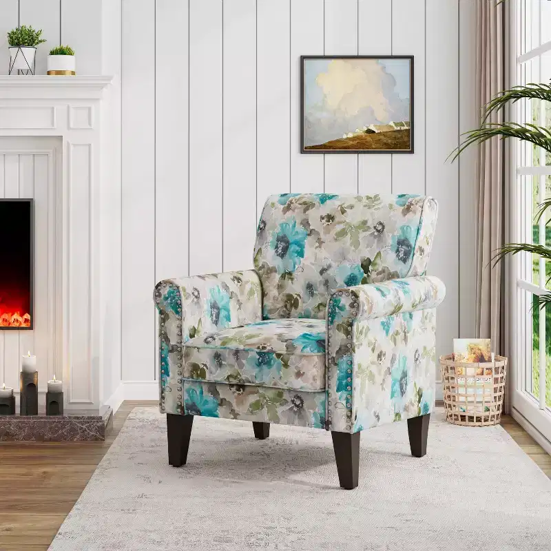 Handy Living Janet Traditional Rolled Accent Armchair with Pewter Nailheads Floral Pattern