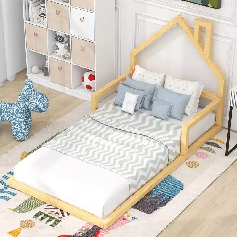 Whisen Modern Design Wood Floor Bed with House-shaped Headboard