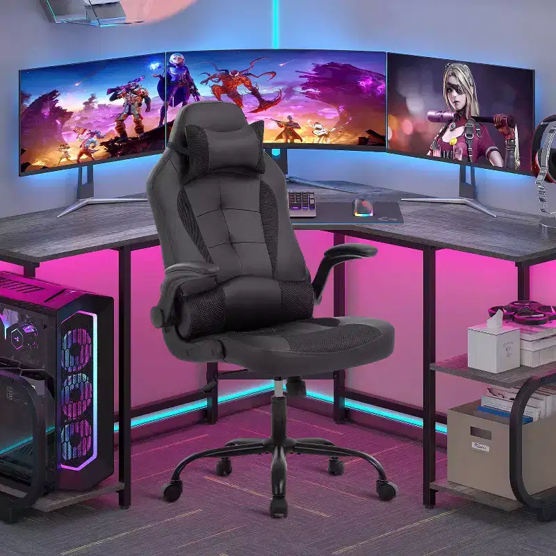 Gaming & Office Chair – Lumbar Support, Flip-Up Arms, Headrest, 250 lbs, PU Leather