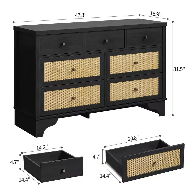 7 Drawers Dresser, Natural Rattan Modern Wood Dressers & Chest of Drawers for Bedroom, Wide Storage Dressers Organizer Deep Drawers