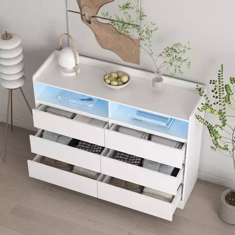 GDFStudio Barnard Modern 51.2 Rectangle Sideboard with 6 Drawers and Adjustable Lighting