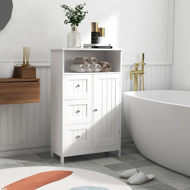 White Bathroom Standing Storage Cabinet with 3 Drawers and 1 Door