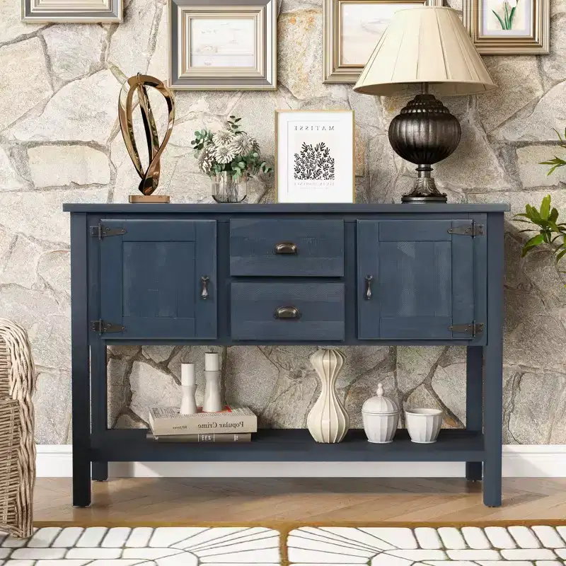 TUYOHW 46 Pine Wood Console Table with 2 Cabinets & 2 Drawers,Buffet Sideboard with Open Shelf,Rustic Entryway Table for Living Room,Hallway