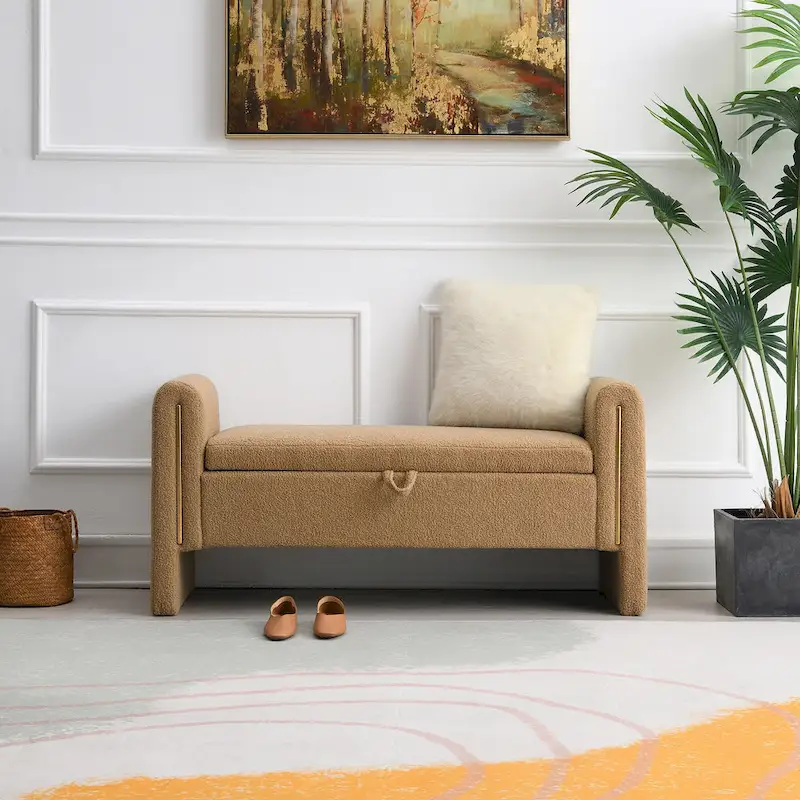 Modern Teddy Bench with Arms and Storage, Upholstered Large Foot Rest Stool, Comfy Window Vanity Bench